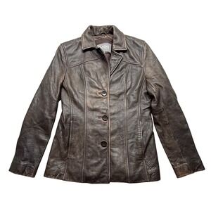 Wilsons Leather Brown Distressed Genuine Leather Y2K Blazer Jacket Womens‎ XS